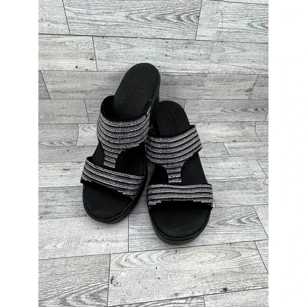 Skechers Luxe Foam Black Silver Rhinestone Wedge Sandals 119001 BKSL Women Sz 10
